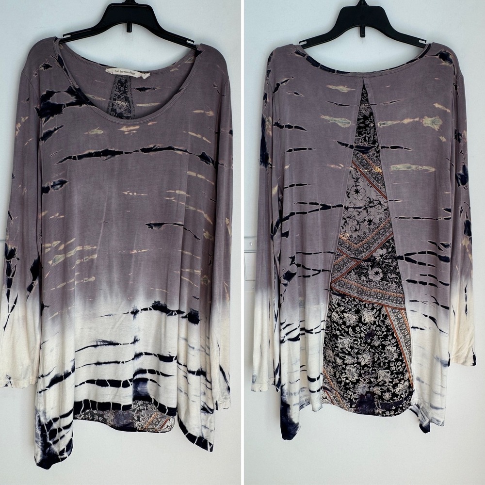 Soft Surroundings Purple Tie Dye Mixed Media Split Back Floral Tunic Top M